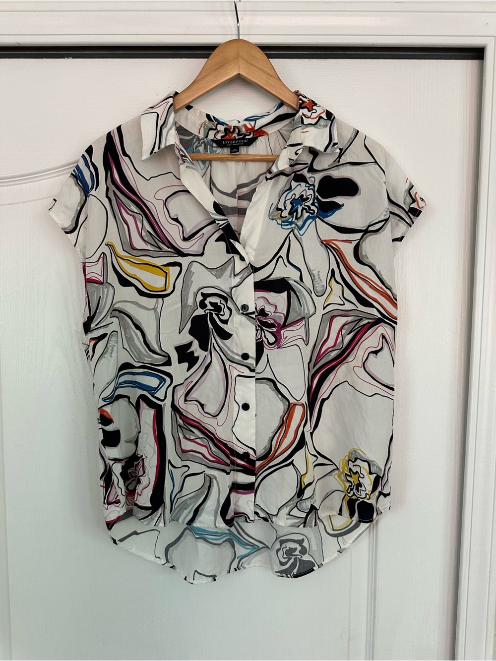 Liverpool White cap Sleeve Button-Up with Abstract Multi-Color Swirl Print